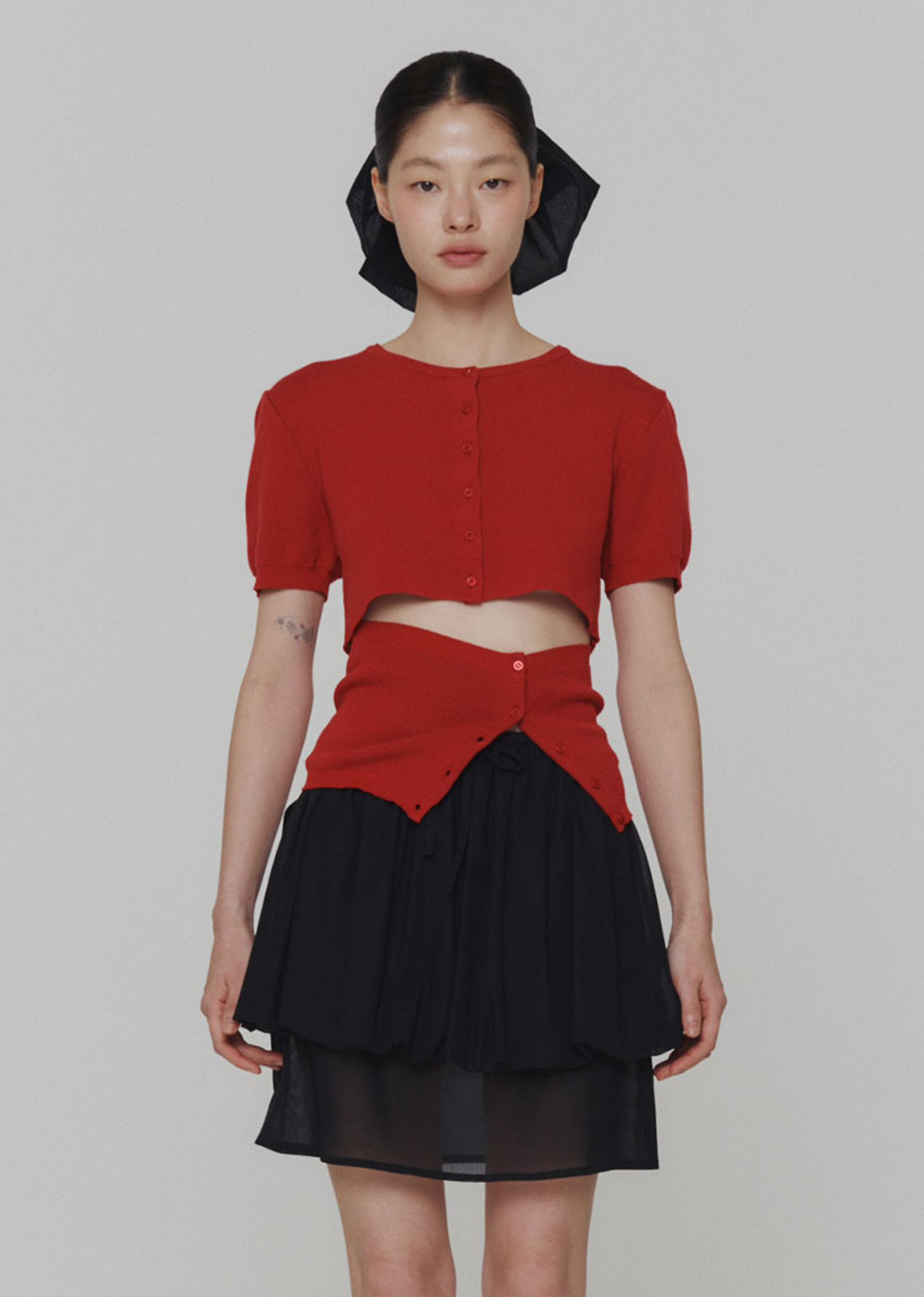 AMOMENT CROP BUTTON CARDIGAN SET S レッド AMOMENT】CROP